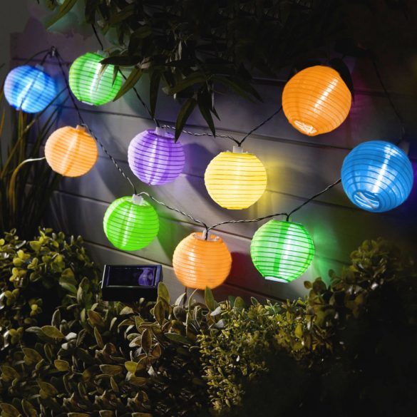 Szolár lampion fényfüzér - 10 db színes lampion, hidegfehér LED - 3,7 m 11227B