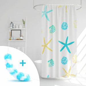 Zuhanyfüggöny szett fürdőpamaccsal - 3 féle - kék, zöld mintás - 180 x 180 cm