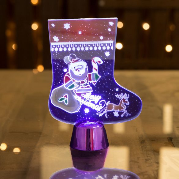 Karácsonyi asztali LED dekor - fényes talppal - csizma - lila - 15 cm  55997B