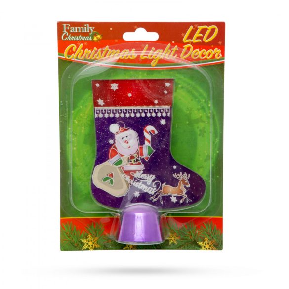 Karácsonyi asztali LED dekor - fényes talppal - csizma - lila - 15 cm  55997B