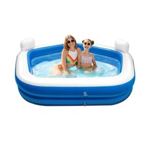 Felfújható medence fejtámlával, italtartóval – 213 x 206 x 60 cm – Fehér / Kék