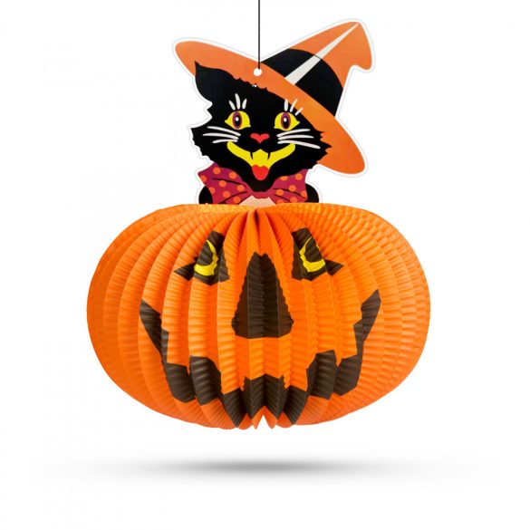 Halloween-i tökös lampion - macskával - akasztható - 26 cm 58137A