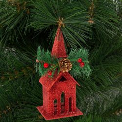   Karácsonyi glitteres templom akasztóval - 16 x 6,5 cm - piros 58677A
