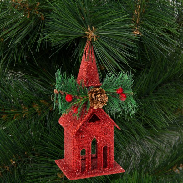 Karácsonyi glitteres templom akasztóval - 16 x 6,5 cm - piros 58677A