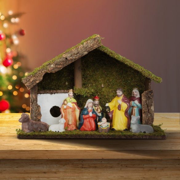 Karácsonyi asztali dekoráció - Betlehem - kerámia és fa - 30 x 10 x 20 cm 58719