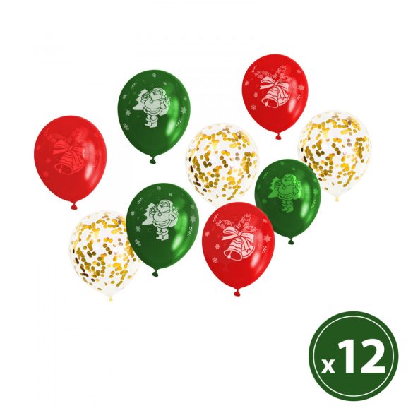 Lufi szett - piros, zöld, arany, karácsonyi motívumokkal - 12 db / csomag 58754