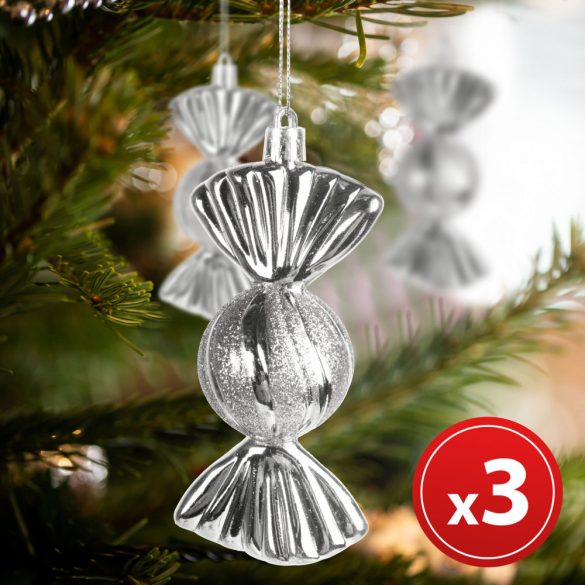 Karácsonyfadísz szett - szaloncukor - akasztóval - ezüst - 11 x 4 cm 58761B