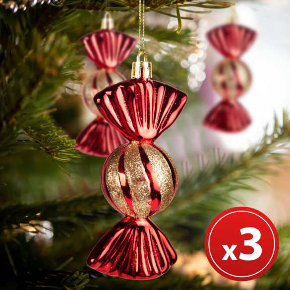 Karácsonyfadísz szett - szaloncukor - akasztóval - piros - 11 x 4 cm 58761C