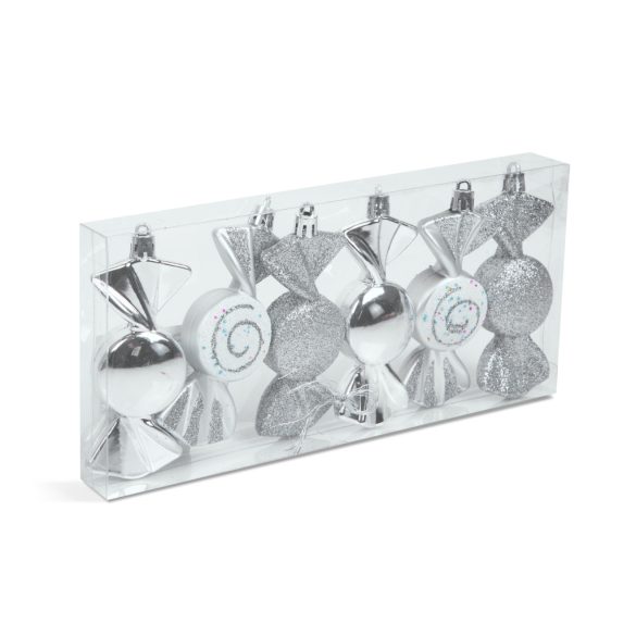 Karácsonyfadísz szett - ezüst cukor - 10 x 3,6 cm - 6 db / szett
