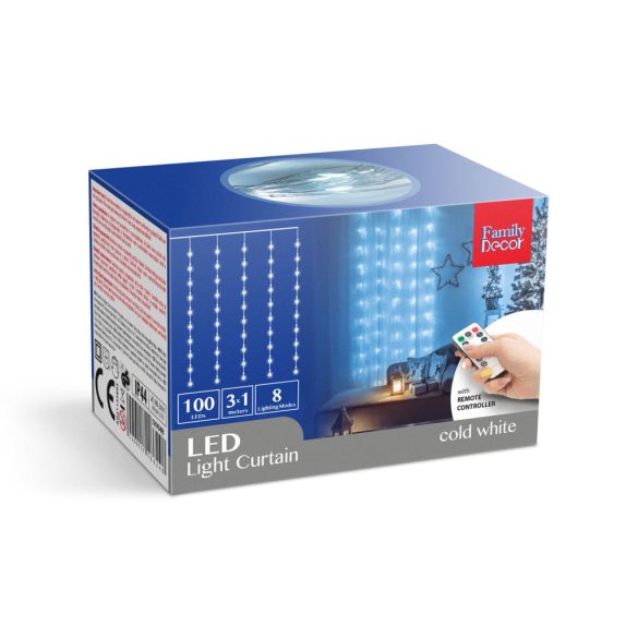 Fényfüggöny - 100 db hidegfehér microLED-del - 3 x 1 m - 230V - távirányítós