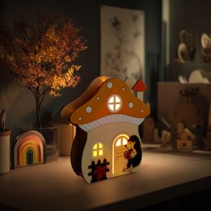 Világító dekoráció - gomba ház sünivel - 15 x 16 x 5 cm - fából