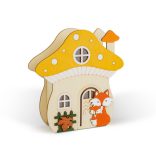 Világító dekoráció - gomba ház rókával - 15 x 16 x 5 cm - fából