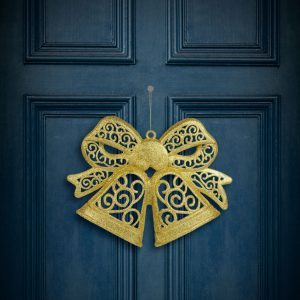 Karácsonyi dekoráció - masni - akasztható - glitteres arany - 35 cm