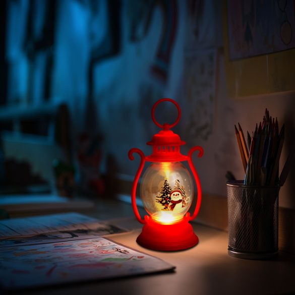 Karácsonyi dekoráció - lámpás - hóember - piros - 16,5 x 7 cm - 3 x LR44