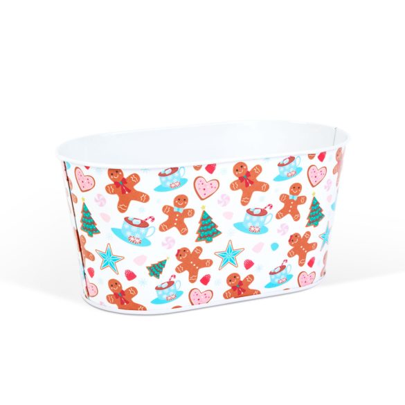 Karácsonyi fém kosár - mézeskalács mintás - 19 x 11,5 x 9,5 cm