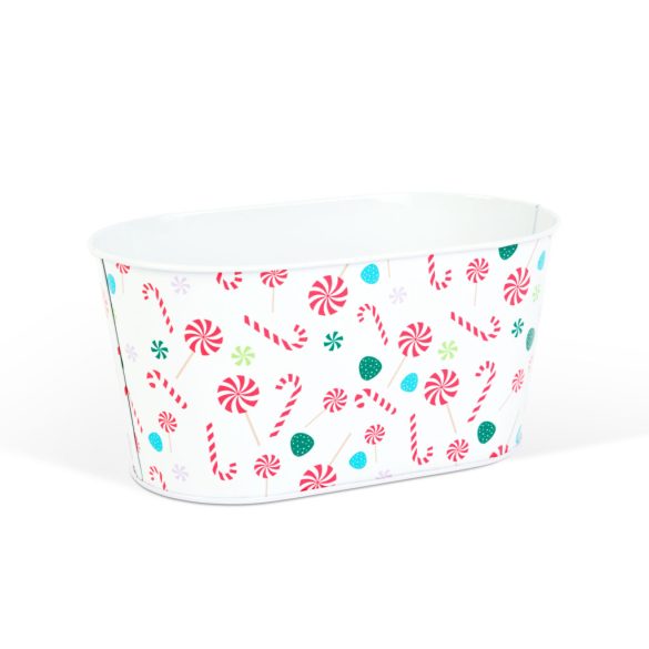 Karácsonyi fém kosár - cukorbot mintás - 19 x 11,5 x 9,5 cm