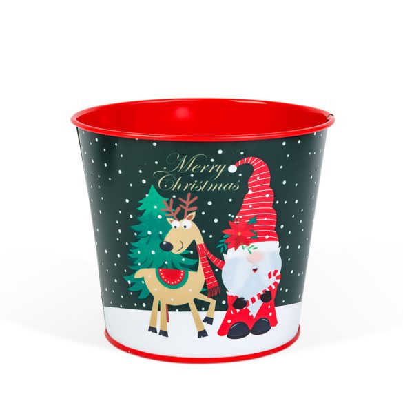 Karácsonyi dekoráció - fém kaspó, vödör - Manó - 13 x 11 cm