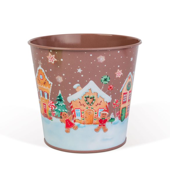 Karácsonyi dekoráció - fém kaspó, vödör - Mézeskalács - 13 x 11 cm