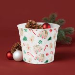 Karácsonyi dekoráció - fém kaspó, vödör - házikó - 13 x 11 cm