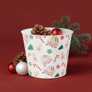 Karácsonyi dekoráció - fém kaspó, vödör - házikó - 13 x 11 cm