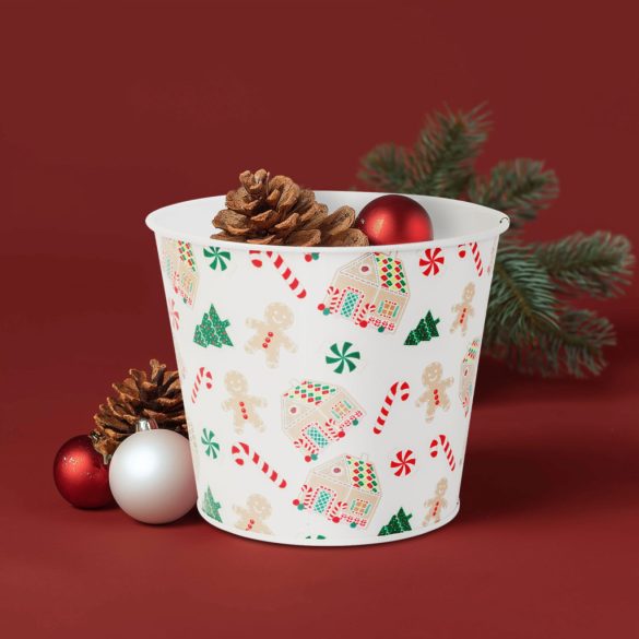 Karácsonyi dekoráció - fém kaspó, vödör - házikó - 13 x 11 cm