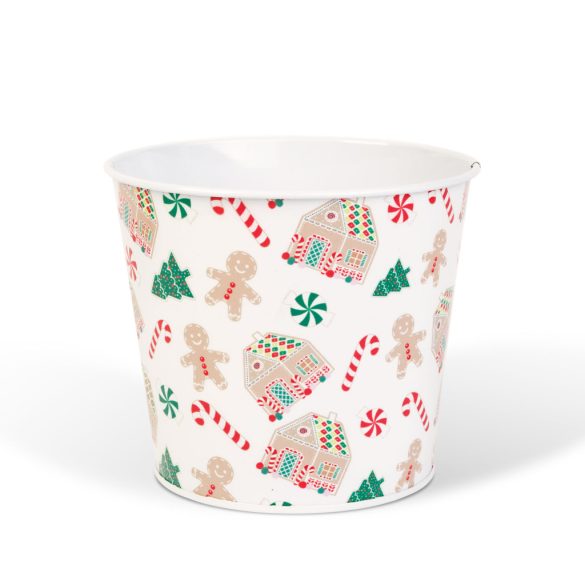 Karácsonyi dekoráció - fém kaspó, vödör - házikó - 13 x 11 cm