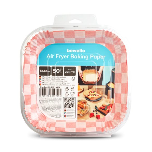 Air fryer sütőpapír - olaj nélküli sütőhöz - kockás, négyzet - 20 cm - 50 db / csomag