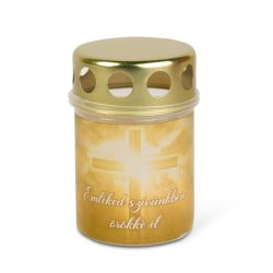   Műanyag mécses keresztes, fém kupakkal - "Emléked Szívünkben Örökké Él" - 8,5 cm