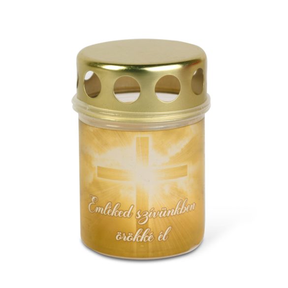 Műanyag mécses keresztes, fém kupakkal - "Emléked Szívünkben Örökké Él" - 8,5 cm