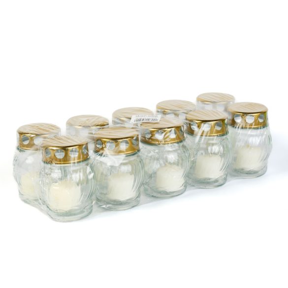 Üveg mécses fém kupakkal - üveg szín: fehér, kupak szín: arany - 10 cm