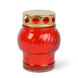   Üveg mécses fém kupakkal - üveg szín: piros, kupak szín: arany - 10 cm