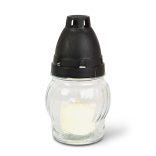 Üveg mécses műanyag kupakkal, üveg szín: fehér, kupak szín: fekete - 14 cm