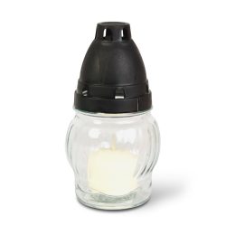   Üveg mécses műanyag kupakkal, üveg szín: fehér, kupak szín: fekete - 14 cm