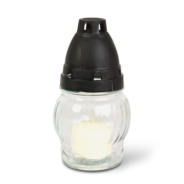 Üveg mécses műanyag kupakkal, üveg szín: fehér, kupak szín: fekete - 14 cm