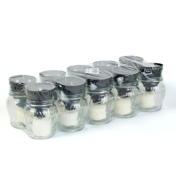 Üveg mécses műanyag kupakkal, üveg szín: fehér, kupak szín: fekete - 14 cm