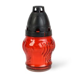   Üveg mécses műanyag kupakkal, üveg szín: piros, kupak szín: fekete - 14 cm