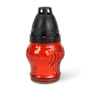 Üveg mécses műanyag kupakkal, üveg szín: piros, kupak szín: fekete - 14 cm