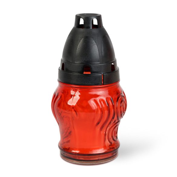 Üveg mécses műanyag kupakkal, üveg szín: piros, kupak szín: fekete - 14 cm