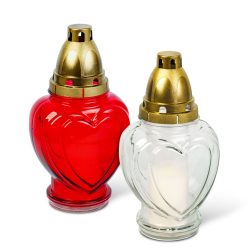   Üveg mécses - szív forma, műanyag kupakkal, piros - fehér - 21,7 cm