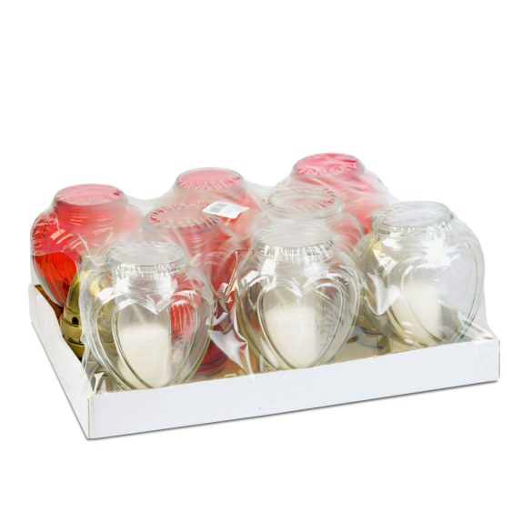 Üveg mécses - szív forma, műanyag kupakkal, piros - fehér - 21,7 cm