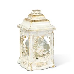   Műanyag katedra mécses - angyalos mintával, belül üveg mécsessel, szín: fehér - arany antik - 25 cm