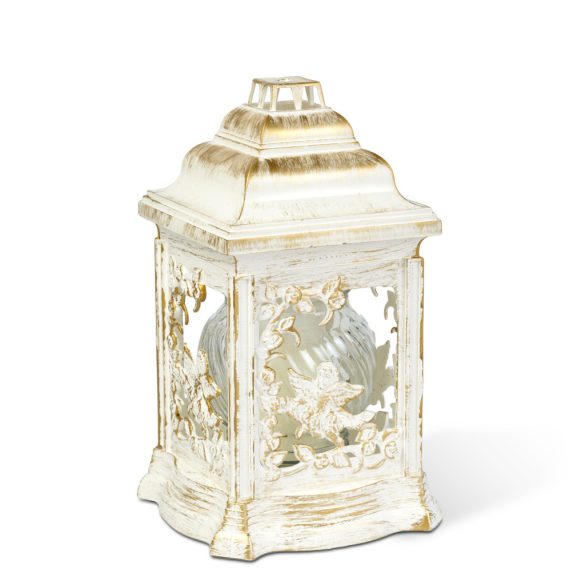 Műanyag katedra mécses - angyalos mintával, belül üveg mécsessel, szín: fehér - arany antik - 25 cm