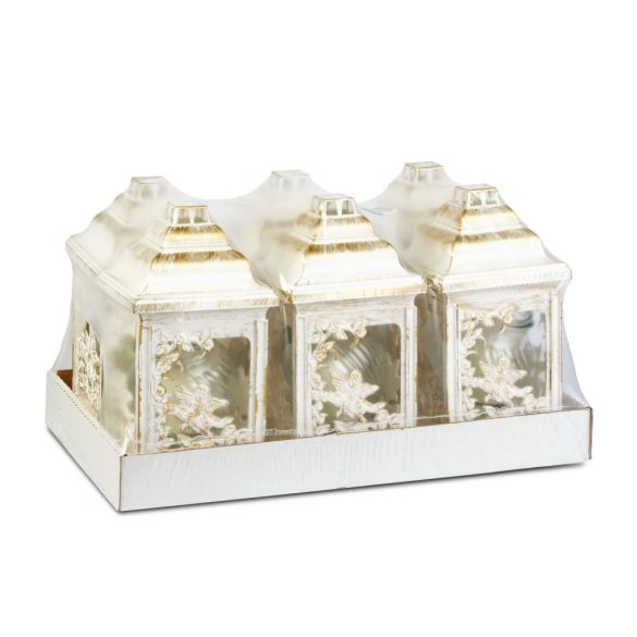 Műanyag katedra mécses - angyalos mintával, belül üveg mécsessel, szín: fehér - arany antik - 25 cm